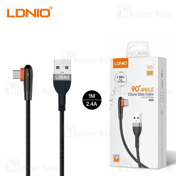 کابل میکرو یو اس بی الدینیو LDNIO LS561 Micro USB 90 Angle Elbow Data طول 1 متر و شدت جریان 2.4 آمپر